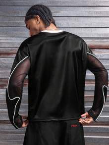 AXEPEAK 男士几何印花圆领休闲宽松长袖T恤 - 黑色 - 查看 5