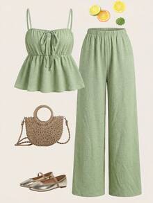 Girlism Tween Girls Tank Top Co-Ords, Casual Vacation Elastic Waist Wide Leg Pants, Fashionable For Spring/Summer - Green - View 3