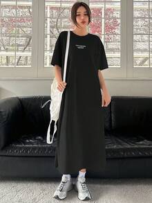 DAZY 新款春夏宽松休闲字母印花长款女士连衣裙户外太阳裙 - 黑色 - 查看 2