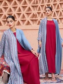 SHEIN Najma Printed Patchwork Hook Closure Long Sleeve Flared Women's Abaya - Blue - View 2