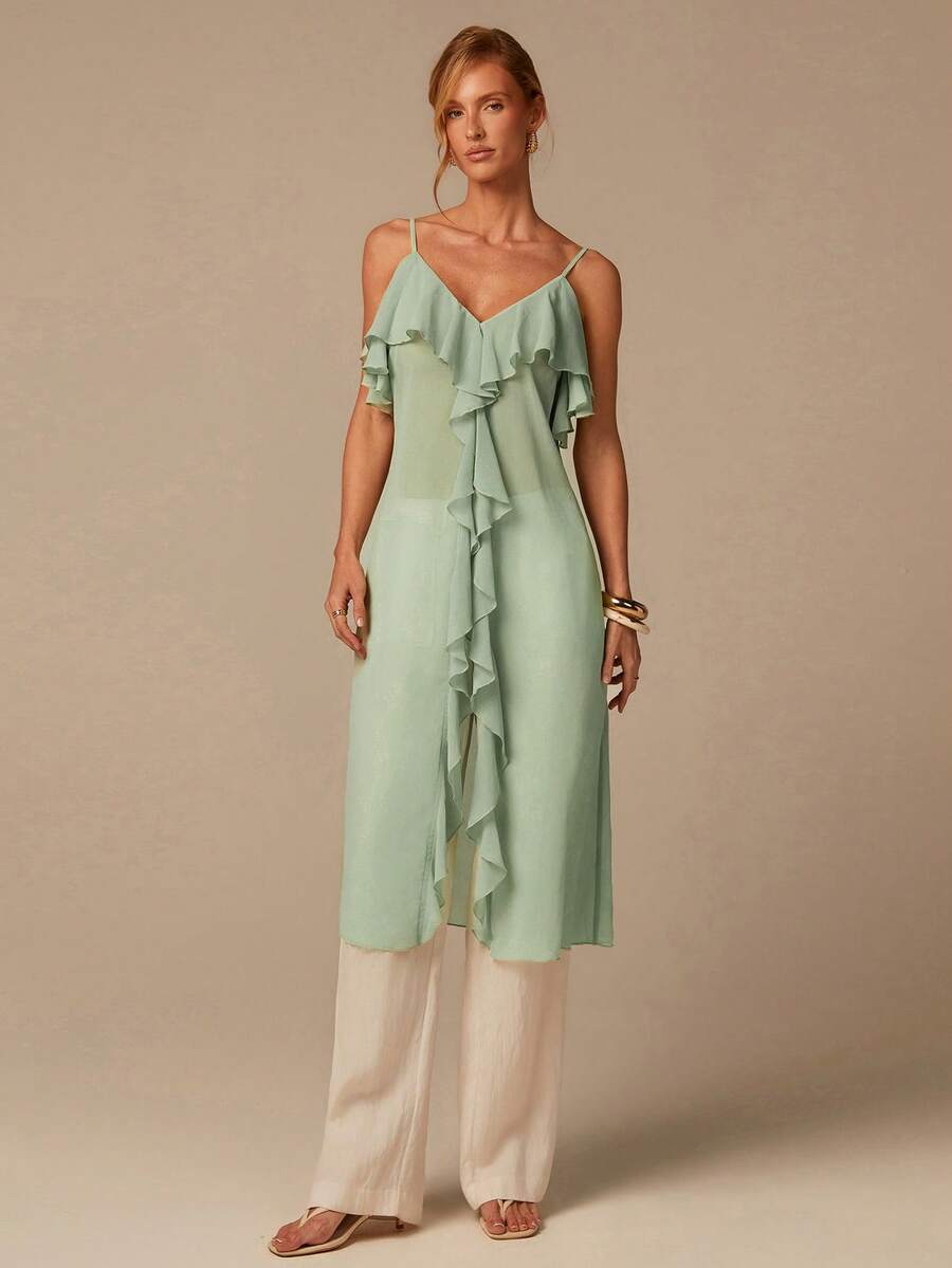 COSMINA Women's Ruffled Strap Long Top, Sleeveless Casual Vacation Bohemian Style Midi Cami Top In Light Green - Green - View 1