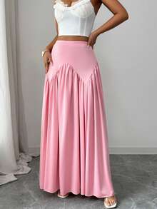 Selianne Women's Solid Color High Waist A-Line Pleated Midi Skirt, Elegant & Romantic - Coral Pink - View 4