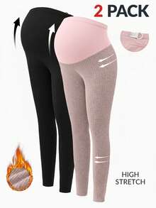 Modmama 2pcs Maternity Solid Color Basic Knitted Leggings, Casual Daily Wear - Pink - View 9