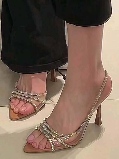 Sandalias De Tacón Alto Plateadas Con Strass Cómodas Y Modernas Para Mujer, Zapatos De Tacón Fino Color Albaricoque Elegantes Y Versátiles Para Mujer, Adecuadas Para Reuniones, Fiestas, Bodas Y Verano.