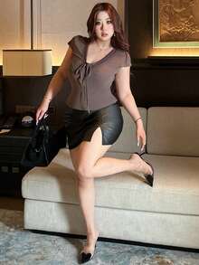 Dazy Plus PU Leather Elastic Bodycon Side Slit Sexy Minimalist Versatile Mini Skirt - Black - View 8