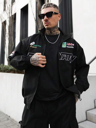 Artur Kramer 男士休闲字母印花长袖夹克，春秋季街头风赛车夹克，黑色机车夹克，长袖时尚设计师飞行员夹克，街头风版本，送给朋友、丈夫、男友的礼物