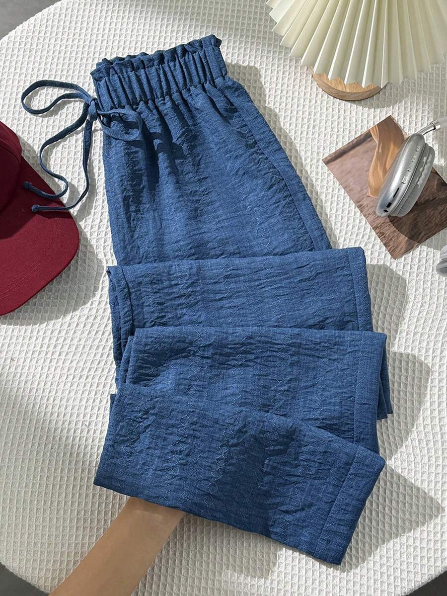INAWLY Women's Casual Pants, Versatile Women's Straight Leg Pants, Spring/Summer Women's Trousers With Ruffle Waistband - Blue - View 1