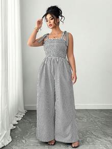 Elenzga Bộ áo liền quần nữ cỡ lớn kiểu dáng thường ngày, chất liệu dệt kim, dây buộc, họa tiết kẻ caro bất đối xứng, màu đen trắng, thích hợp cho mùa hè. - Đen và trắng - Xem 3