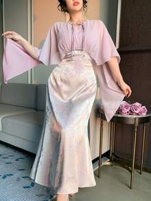 DAZY 女士优雅撞色拼接荷叶袖中国风中长连衣裙，夏季婚礼宾客礼服，复活节吊带裙 - 紫色 - 查看 5