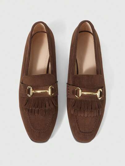Sleekvia Women Shoes Small Square Toe Flat Bottom Brown Suede Fringed Buckle Neutral Comfort Commuter Versatile Women's Loafers Women's Flat Shoes