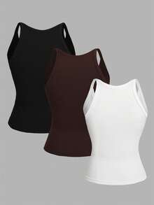 SHEIN 3件套少女休闲百搭简约吊带背心，修身圆领无袖设计，适合夏季穿着 - 彩色 - 查看 2