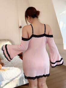 SHEIN Napfluff CURVE Áo ngủ gợi cảm cổ chữ V tay dài trễ vai phối ren dành cho nữ cỡ lớn. - Hồng - Xem 2