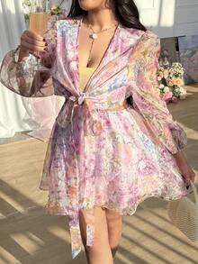 CovetEZ 大码花卉薄纱系带A字连体裤，春夏百搭 - 彩色 - 查看 3