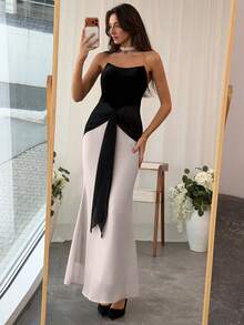 Aloruh Women's Black & Pink Lace-Up Bandeau Fishtail Dress - Black - View 4