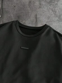 AXEPEAK 男士复古纽约毛巾刺绣图案短袖卫衣上衣 春秋季休闲街头风必备T恤 - 黑色 - 查看 5