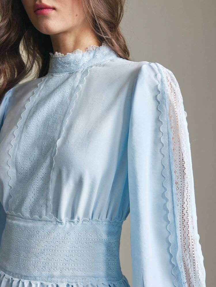 2026ss Women's Elegant Solid Color Lace Patchwork Dress Beach Clothing, All Season  Ins Celebrity Same Style Vacation Style, Exotic Atmosphere, Country Concert, Western Style Clothing, High-Grade Fabric, Comfortable And Breathable Bohemian Style Vacation Wear Modern Urban Casual Fashion Business Casual Women's Office Wear Low-Key Old Money Style High-End, Elegant, Old-Fashioned Cruise Attire For Wedding Guests Baby Blue Textured Fabric With Lace Trim High-Grade Fabric, Comfortable And Breathable