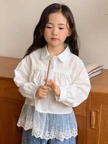 Dazy Kids 女童蕾丝拼接翻领长袖纯色衬衫，春秋季 - 白色 - 查看 1