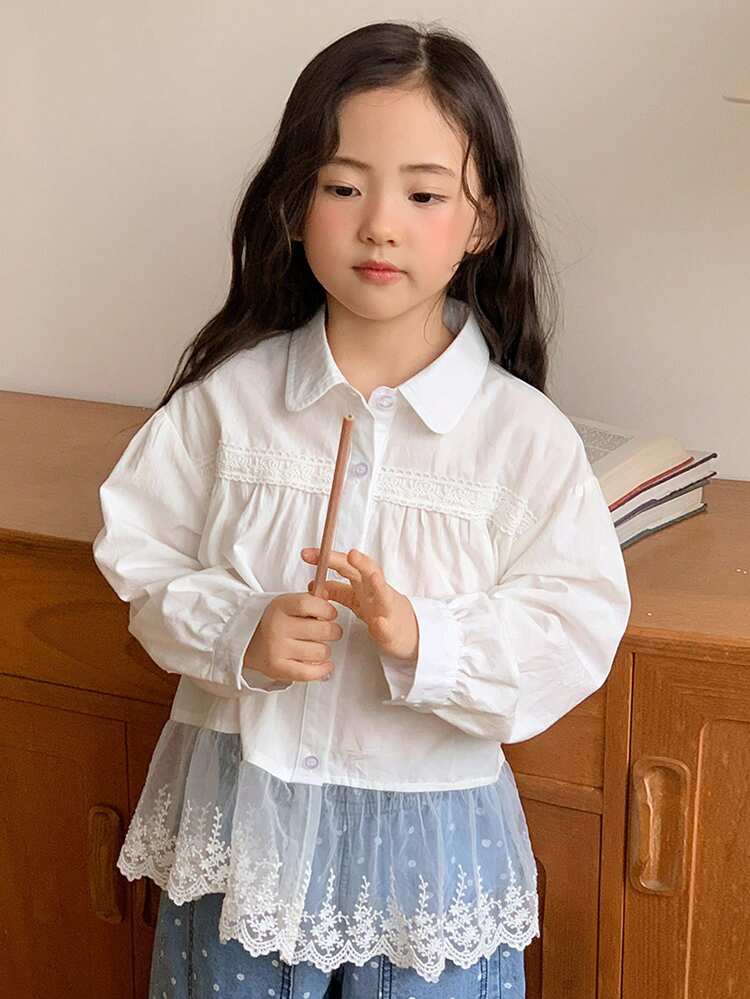 Young Girls Lace Patchwork Turndown Collar Long Sleeve Solid Color Shirt, Spring/Autumn