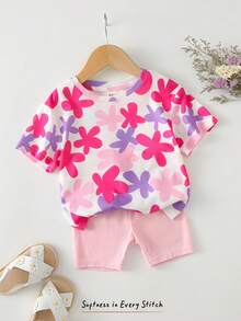 Cozy Pixies 2件套女婴碎花针织柔软圆领短袖上衣和松紧腰短裤套装 - 彩色 - 查看 6