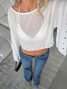 SHEIN EZwear 白色雪纺镶钉薄纱罩衫 - 白色 - 查看 5