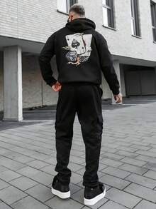 Artur Kramer 男士扑克印花保暖连帽抽绳衫，带口袋，秋冬季长袖上衣 - 黑色 - 查看 5