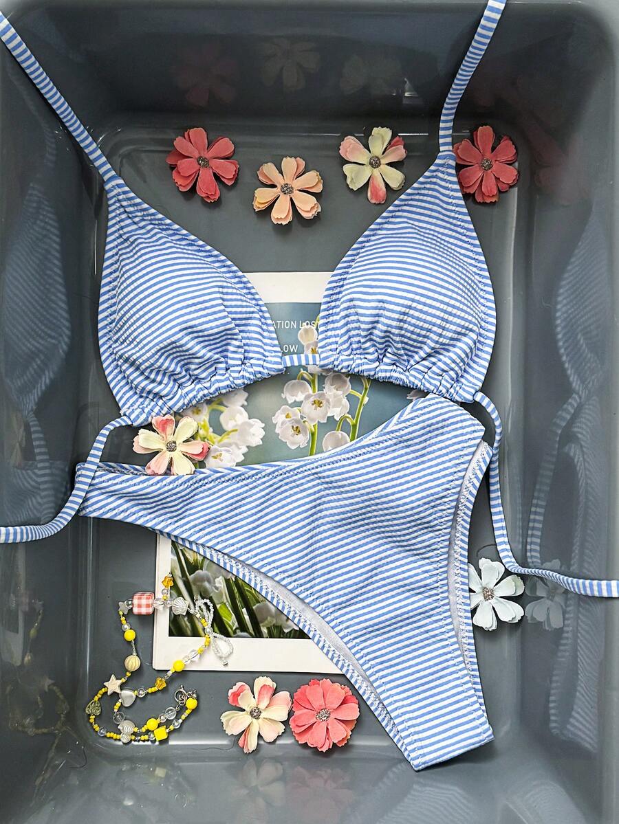 Swim Vcay 2026新款春夏女士两件套特殊面料三角比基尼泳裤沙滩度假休闲泳装套装 - 藍色 - 查看 1