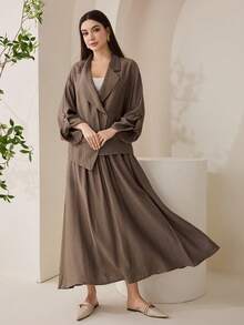 Veilorie Women's Fashion Asymmetrical Design Blazer & Skirt Set - Khaki - View 5