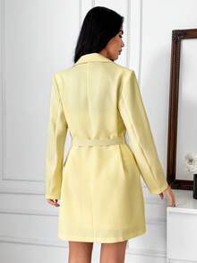 EURMUSE Women's Yellow Blazer Skirt Suit Set With Gold Buckle Belt & Button Detail - Yellow - View 2