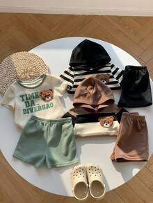 SHEIN 6件套男女宝宝夏季休闲可爱条纹小熊图案连帽T恤和松紧腰短裤套装，百搭装 - 彩色 - 查看 4