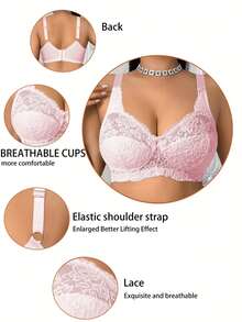 DesireSculpt 1pc Plus Size Lace Wireless Comfortable Breathable Bra - Pink - View 3