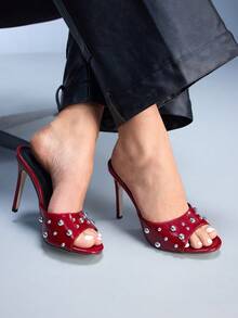 CUCCOO GRLICON Giày sandal cao gót mũi nhọn kiểu punk cá tính, thiết kế đinh tán kim loại, hàng mới về mùa hè dành cho nữ, kèm quai đeo. - Màu Đỏ Sâu - Xem 4