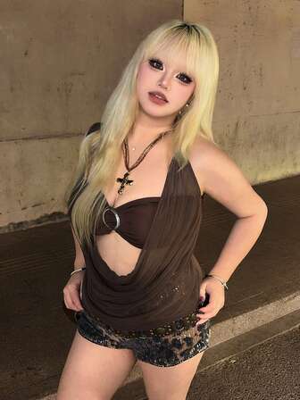 Hippie Conjunto de 2 piezas de top corto halter con escote profundo en V vintage y espalda descubierta, talla grande shorts con estampado de leopardo (incluye sujetador bandeau), para fiesta de Navidad con estilo Y2K sexy, talla grande