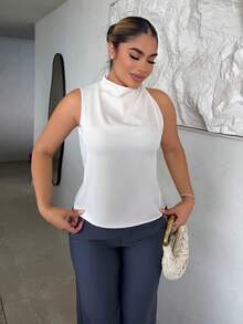 Maria Perezxox 女士优雅时尚新款通勤办公室日常度假音乐节不对称褶皱杏色衬衫，春夏 - 杏色 - 查看 1