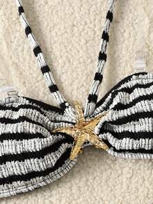 SHEIN 少女修身休闲条纹露背海星图案泳装套装 - 黑與白 - 查看 5