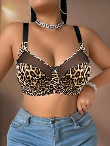 Bare Chapter Plus Size Women Leopard Print Patchwork Wireless Adjustable Strap Sexy Bra - Multicolor - View 1