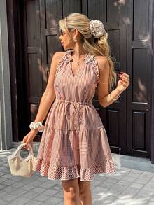 Pariaura Women's Casual Plaid Halter Neck Dress, Summer - Red - View 4