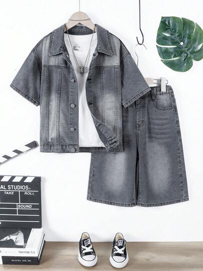 Tween Boys 2-delad denimoutfit, ny för vår/sommar 2016 - Svart denimströja och shortsset, ledig lös passform, vintagetvättad denim, gatustil, bekväm bomullsblandning, lämplig för vardagsbruk, fester, helgdagar