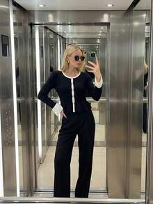 Maija Áo khoác cardigan nữ tay dài cổ tròn, viền tương phản - Đen và trắng - Xem 7