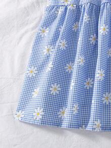 SHEIN Elladie kids 2pcs/Set Tween Girls Summer New Off Shoulder Adjustable Strap Patchwork Cake Hem Cherry Print/Blue Plaid Daisy Print Cute Simple Elegant Casual Vacation Dress Set - Multicolor - View 4