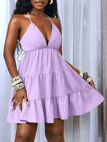 BamGleam Women's Solid Color Minimalist Casual Backless Tie Strap Dress - Mauve Purple - View 7