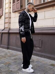 Artur Kramer Unisex Retro Abstract Letter Pattern Knitted Long Sleeve Cardigan, Casual European & Asian Style, Suitable For Spring, Autumn, Winter - Black - View 4