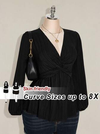 SHEIN CURVE+ Plus Size French Style Casual Black Front Twist Lantern Sleeve Shirt, Autumn/Winter
