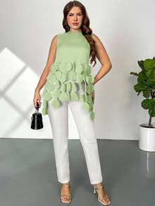 Firerie Plus Size Elegant Solid Color Sleeveless Shirt With Tassel Hem, Summer - Green - View 5