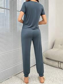 Slogan Graphic Tee & Tie Front Trousers PJ Set - Dusty Blue - View 2