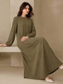 Graceveil 橄榄绿圆领长袖优雅法式长袍 - 軍綠色 - 查看 6