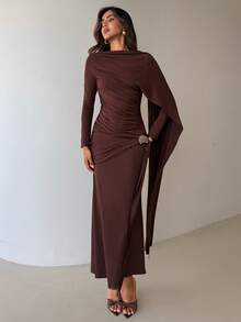 Aloruh Women's Elegant Ruched Shawl Collar Bodycon Dress With Metal Buckle, Solid Dark Brown Color, Suitable For Party Dinner And Evening Occasions, Fall - Brown - View 3