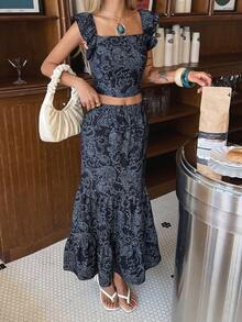 DAZY 女士优雅花卉荷叶袖吊带背心和鱼尾牛仔裙套装，夏季 - 藍色 - 查看 3