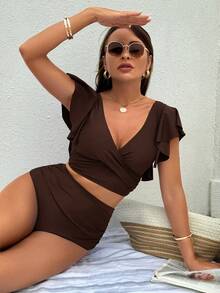 Swim Vcay Conjunto de traje de baño minimalista de unicolor para mujer, conjunto de dos piezas marrón, traje de baño marrón para mujer, conjunto de bikini marrón de cintura alta, conjunto de traje de baño marrón - Café integral - Ver 1