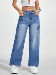 Jeanoix 女士口袋纽扣做旧设计休闲百搭通勤喇叭牛仔裤 - 藍色 - 查看 3