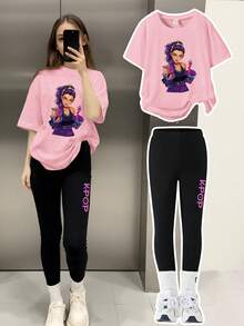 2 st/set KPOP-topp med grafiskt tryck, set med rund halsringning och leggings för tweenflickor, modern casual, lämplig för höst/vinter